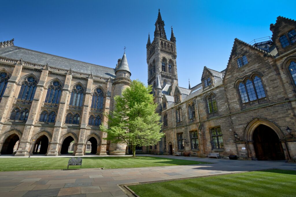 View of the stunning historic University of Glasgow courtyard. Perfect place to visit during Commonwealth games Glasgow 2026