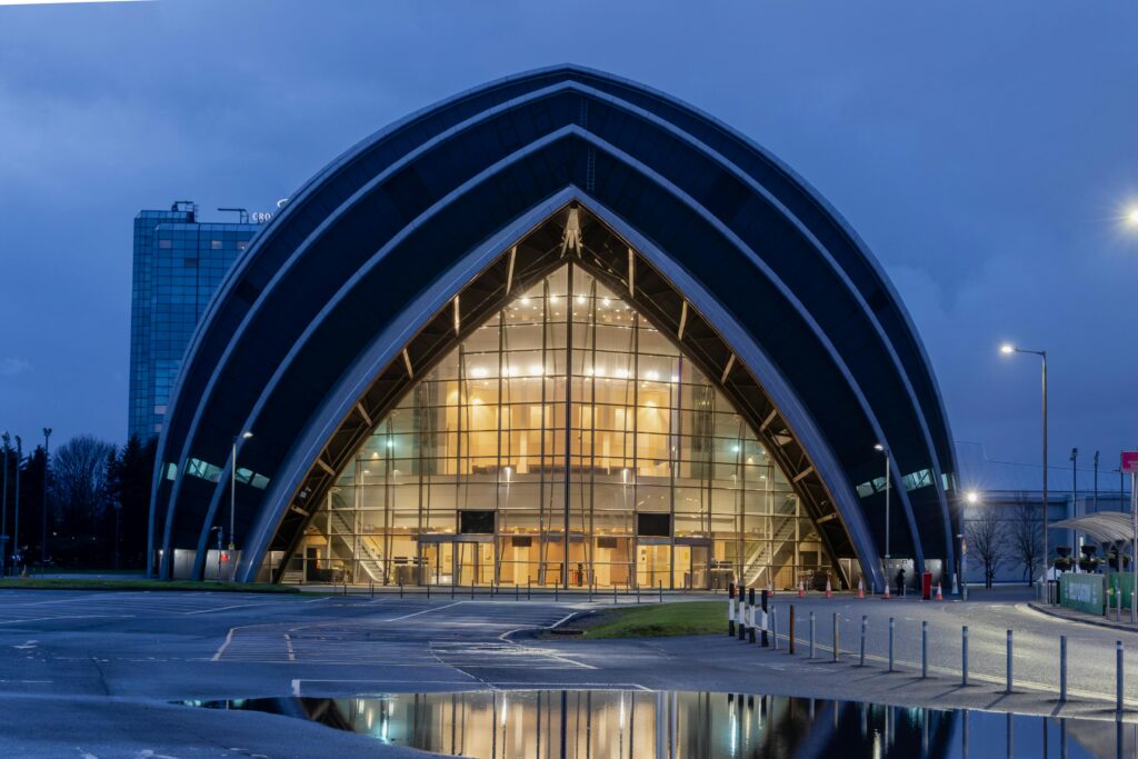Illuminated SEC Armadillo in Glasgow, hosting Commonwealth Games Glasgow 2026