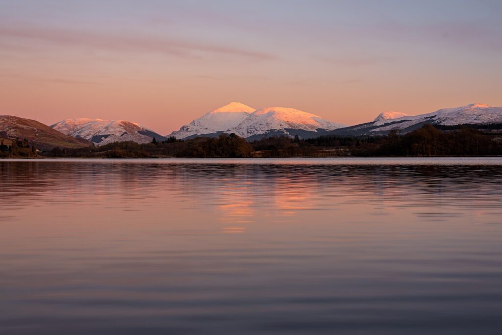 lake, sunset, mountain, travel, snow, winter, sky, reflex, scotland, nature, landscape