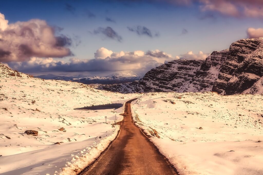 scotland, landscape, snow, winter, road, mountains, sky, clouds, travel, nature, outdoors, county, rural